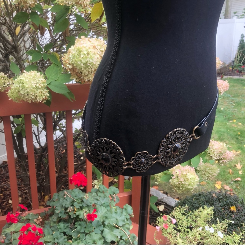 Bohemian Concho Chain Belt - Silver Medallions & Black Leather Strap